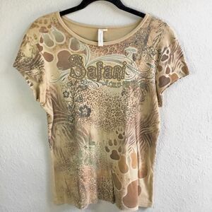 Vintage Y2K Animal Print Rhinestone Bohemian Safari Cotton Graphic T Shirt L